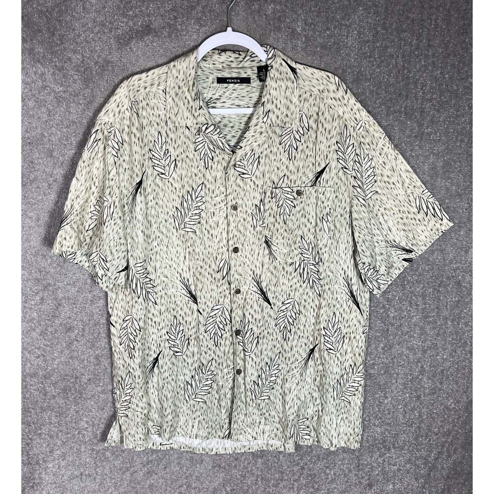 Vintage Fenzia Short Sleeve Button Up Shirt Mens Size Large Beige Leaf‎ Print
